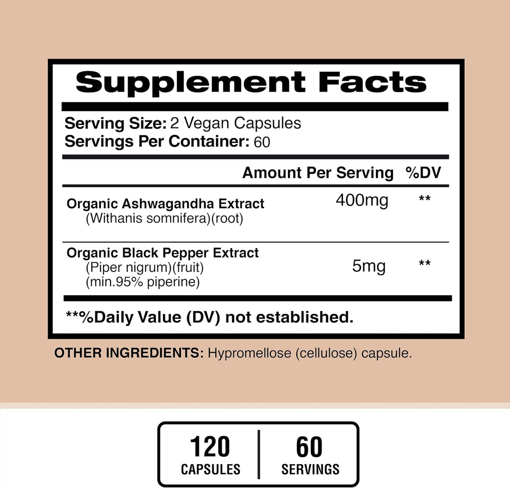 Ashwagandha Orgánica 6000mg con Pimienta Negra - 120 Cápsulas Veganas