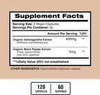 Ashwagandha Orgánica 6000mg con Pimienta Negra - 120 Cápsulas Veganas