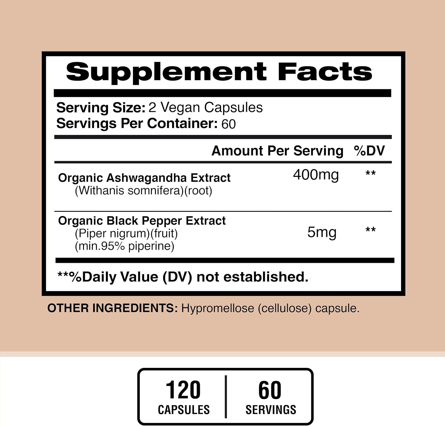 Ashwagandha Orgánica 6000mg con Pimienta Negra - 120 Cápsulas Veganas