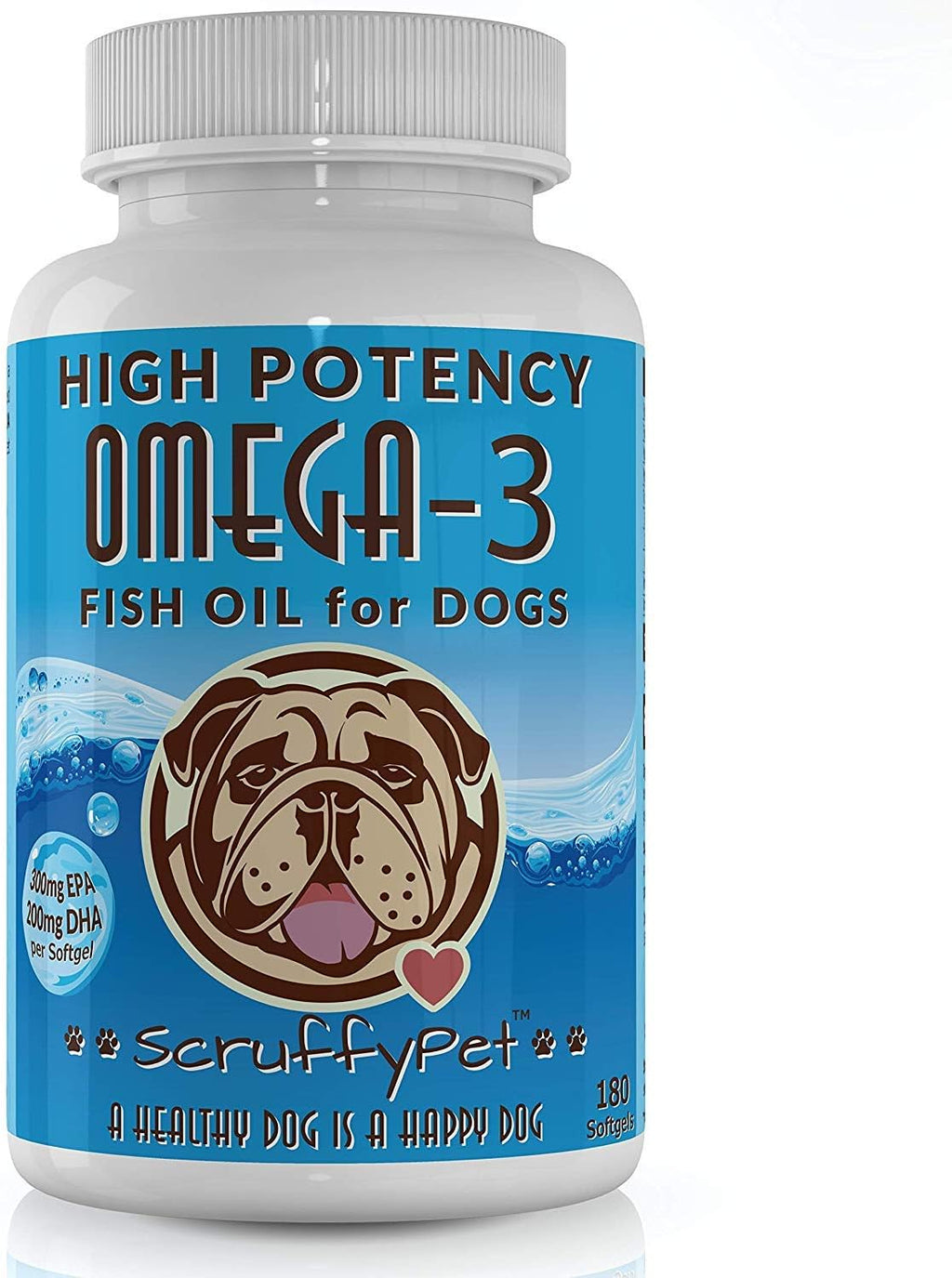 ScruffyPet Aceite de Pescado Salvaje Omega 3 Puro para Perros con Vitamina E - 1000mg, 180 Cápsulas Blandas