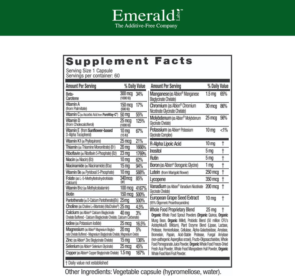 EMERALD LABS Multivitamínico diario para hombres - Sin aditivos, 60 cápsulas vegetales