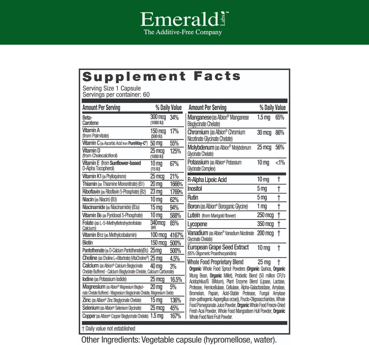 EMERALD LABS Multivitamínico diario para hombres - Sin aditivos, 60 cápsulas vegetales