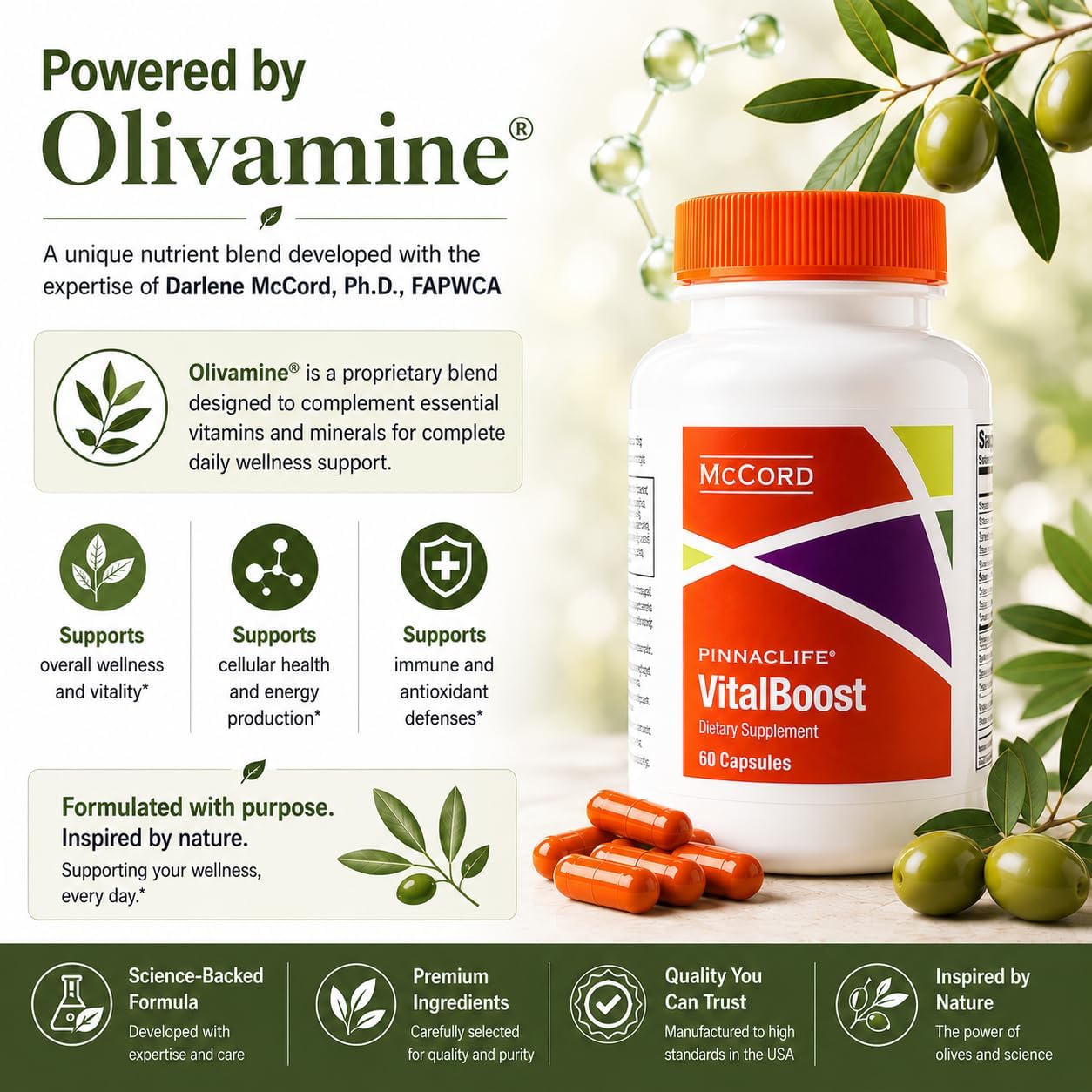 McCord VitalBoost: Complemento de Energía, Memoria e Inmunidad con Vitamina D3, Magnesio, Zinc y Olivamina - 60 Cápsulas