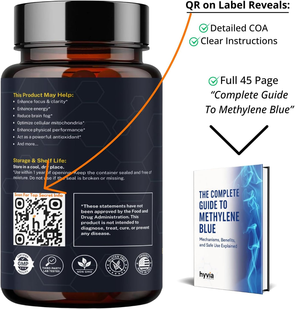 Cápsulas de Azul de Metileno USP Grado Farmacéutico con Vitamina C - 120 uds