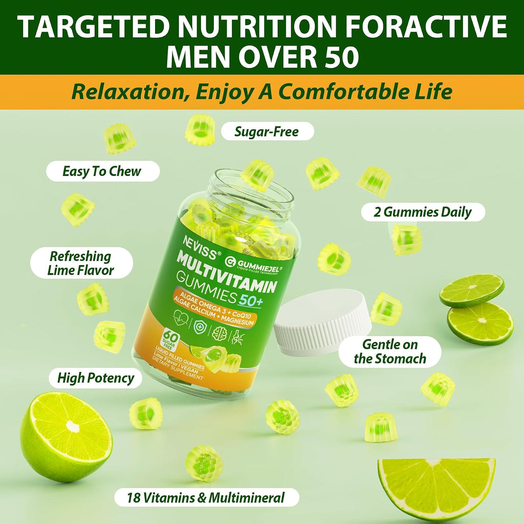 Multivitamínico para Hombres 50+ Sin Azúcar con Omega-3, CoQ10, D3K2, Calcio, Magnesio, Zinc y Vitaminas A, C y E - 60 Gomitas