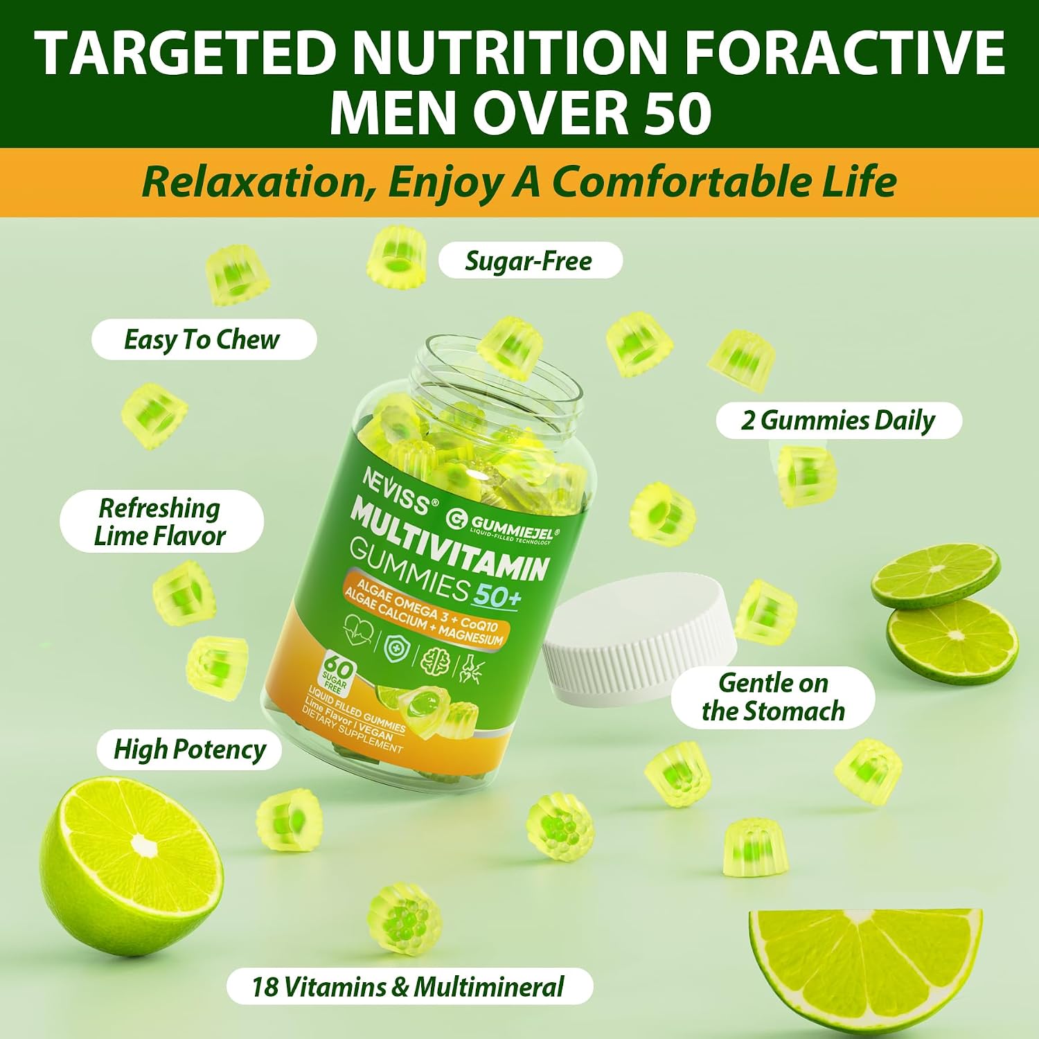 Multivitamínico para Hombres 50+ Sin Azúcar con Omega-3, CoQ10, D3K2, Calcio, Magnesio, Zinc y Vitaminas A, C y E - 60 Gomitas