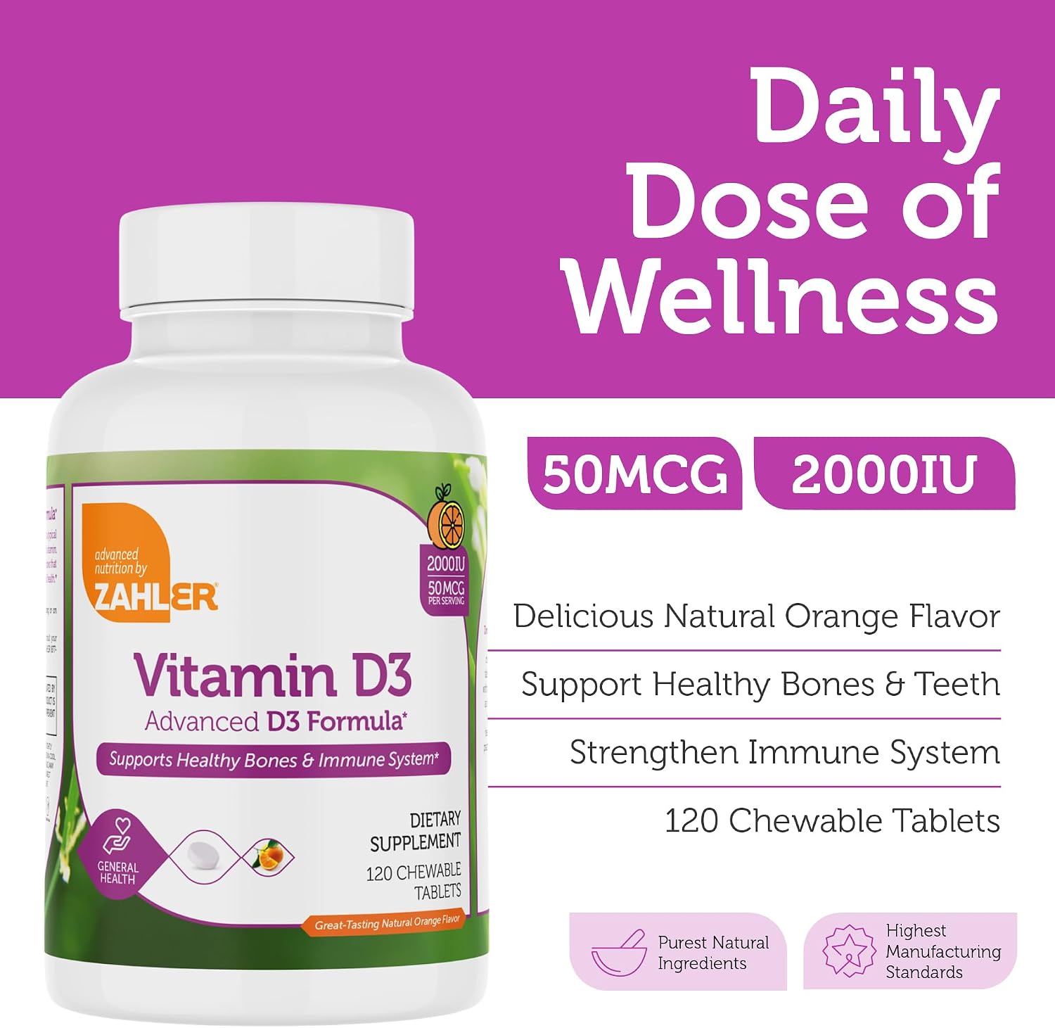 Zahler Vitamina D3 2000IU Masticable - 120 Comprimidos Sabor Naranja