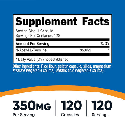 Nutricost N-Acetil L-Tirosina (NALT) 350mg, 120 Cápsulas - Sin Gluten, No GMO – Image 2