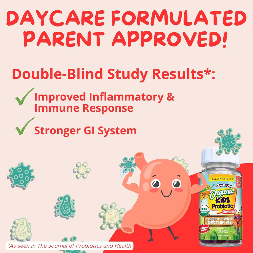 Clear Buddy Probióticos para Niños de 2 a 6 Años – Gominolas Orgánicas USDA con DE111 (2.5B UFC) – Apoyo Inmunitario y Digestivo – Sabor Fresa – 30 Días