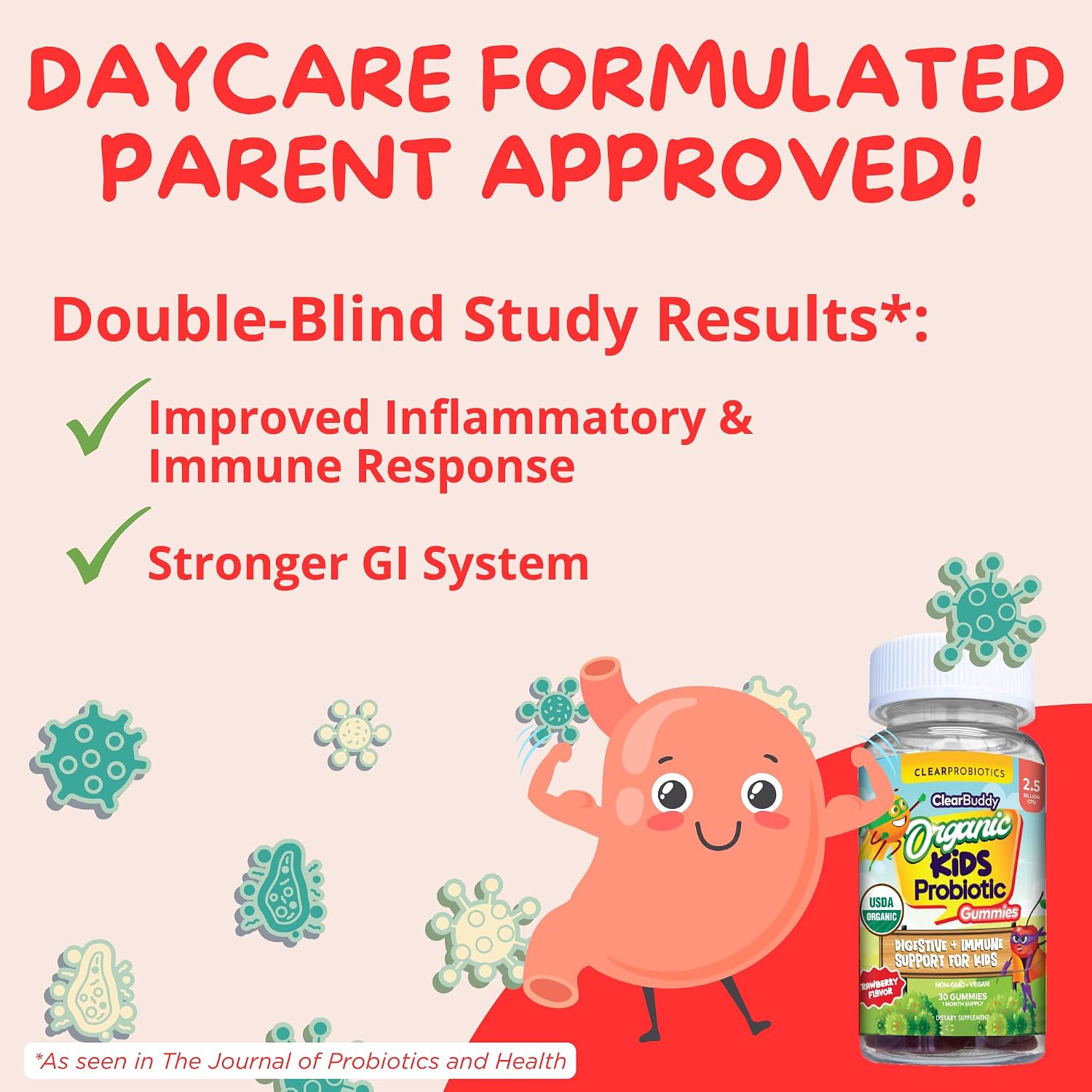 Clear Buddy Probióticos para Niños de 2 a 6 Años – Gominolas Orgánicas USDA con DE111 (2.5B UFC) – Apoyo Inmunitario y Digestivo – Sabor Fresa – 30 Días
