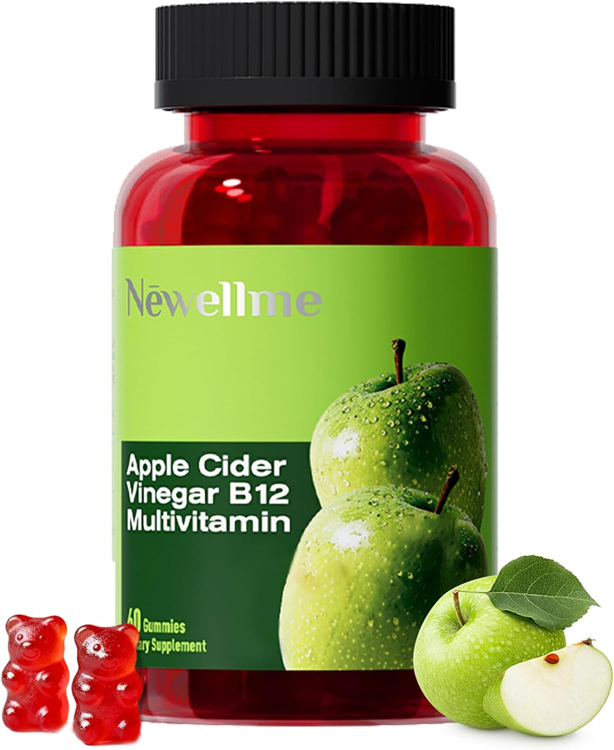 NEWELLME Gomitas de Vinagre de Manzana con The Mother y Vitamina B12 – Sin Azúcar, Veganas, 90 Unidades