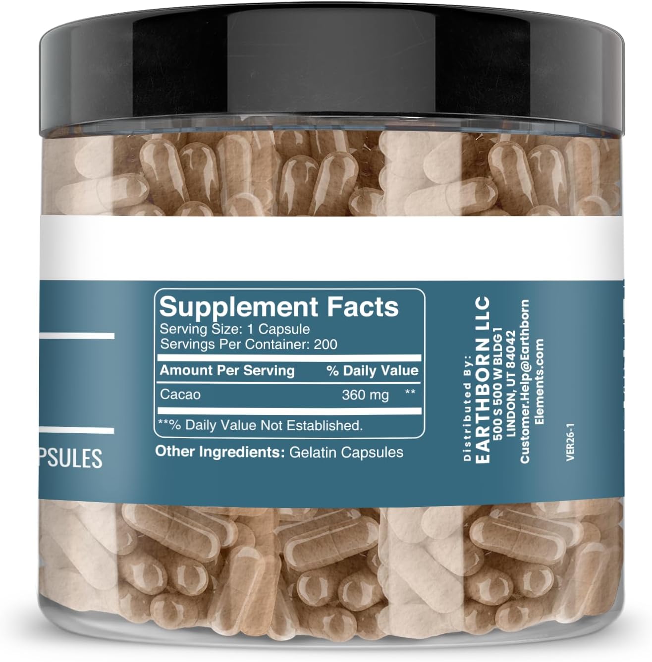 Earthborn Elements Cacao en Cápsulas (200 Cápsulas), Puro y Sin Diluir, Sin Aditivos