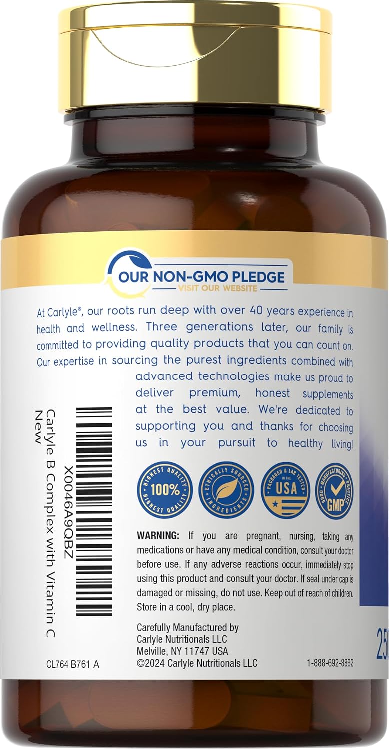 Carlyle Complejo de Vitaminas B con Vitamina C | 250 Comprimidos | Suplemento para Mujeres y Hombres | Vegetariano, Sin OGM y Sin Gluten