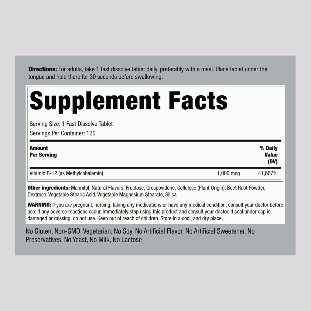 Piping Rock Vitamina B12 1000 mcg Sublingual - 120 Comprimidos - Metilcobalamina - Sabor a Bayas - Vegana, Sin Gluten