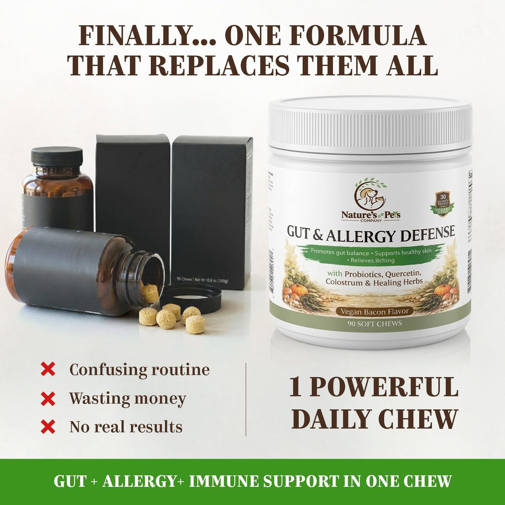 30 Billion CFU PROBIOTICS- One a Day Gut & Allergy Defense for Dogs with PREBIOTICS, QUERCETIN, Colostrum, Turmeric, Mushrooms - Itchy Skin, Allergy & Digestive Support - 90 Chews - Made in USA