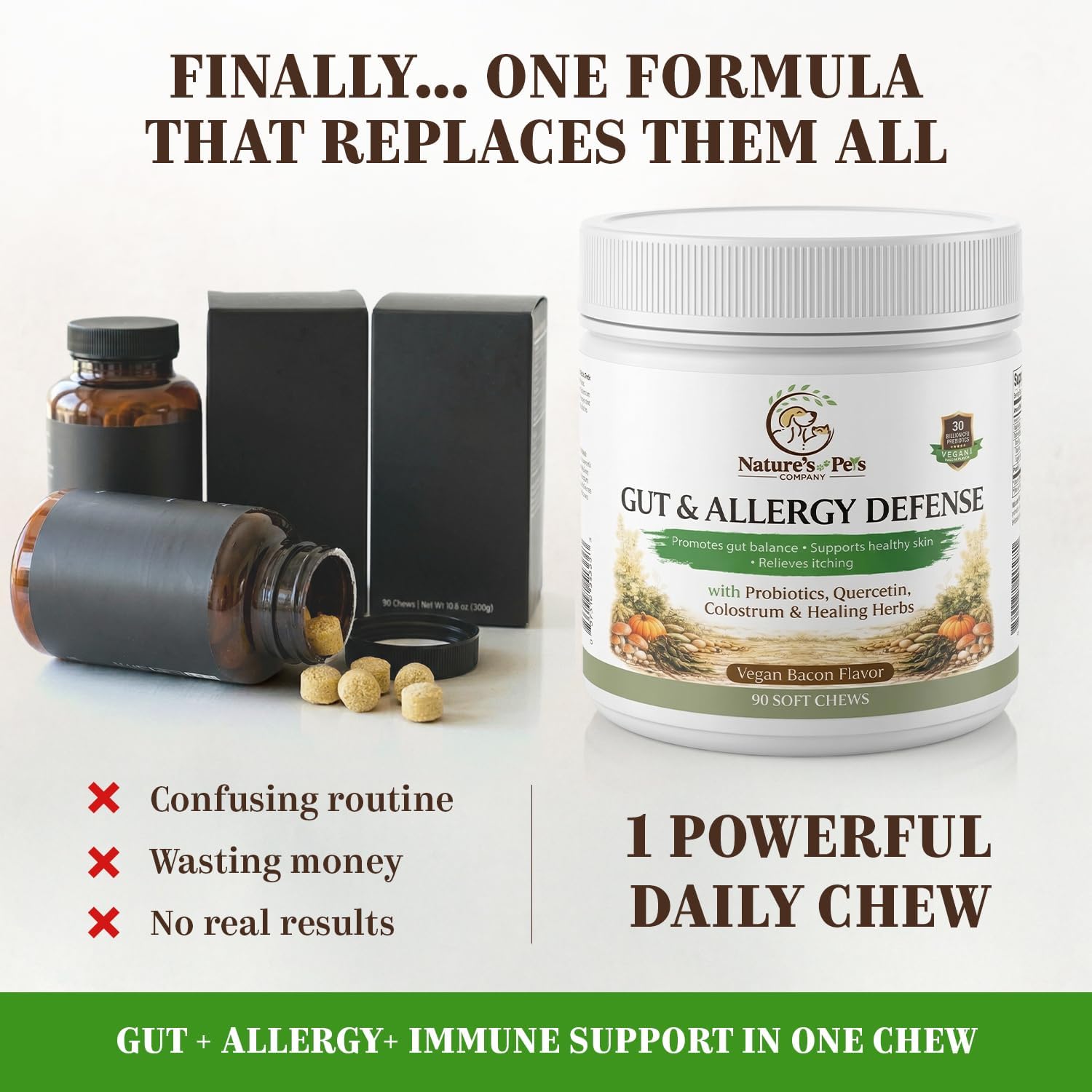 30 Billion CFU PROBIOTICS- One a Day Gut & Allergy Defense for Dogs with PREBIOTICS, QUERCETIN, Colostrum, Turmeric, Mushrooms - Itchy Skin, Allergy & Digestive Support - 90 Chews - Made in USA