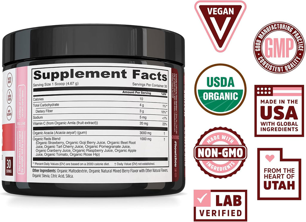 Zhou Organic Reds Powder - Polvo de superalimentos rojos con remolacha, bayas de goji, cereza ácida y arándano, apoyo antioxidante para la salud integral - Sabor natural a bayas, 4.95 oz (30 porciones)