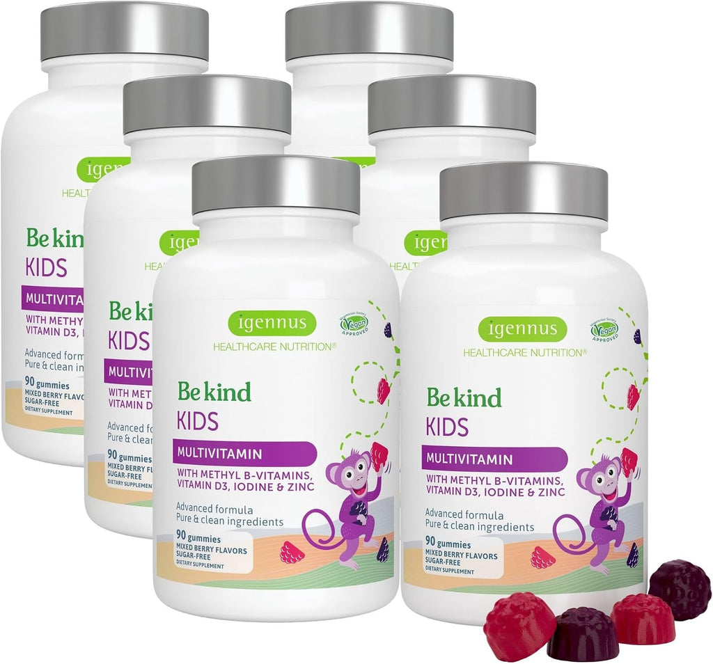 Igennus Methylated Kids Multivitamin Gummies - 6 x 90 Gominolas (540 unidades) - Multivitamínico Infantil Metilado, Sin Azúcar, Sabor a Bayas Natural, No-GMO, Halal