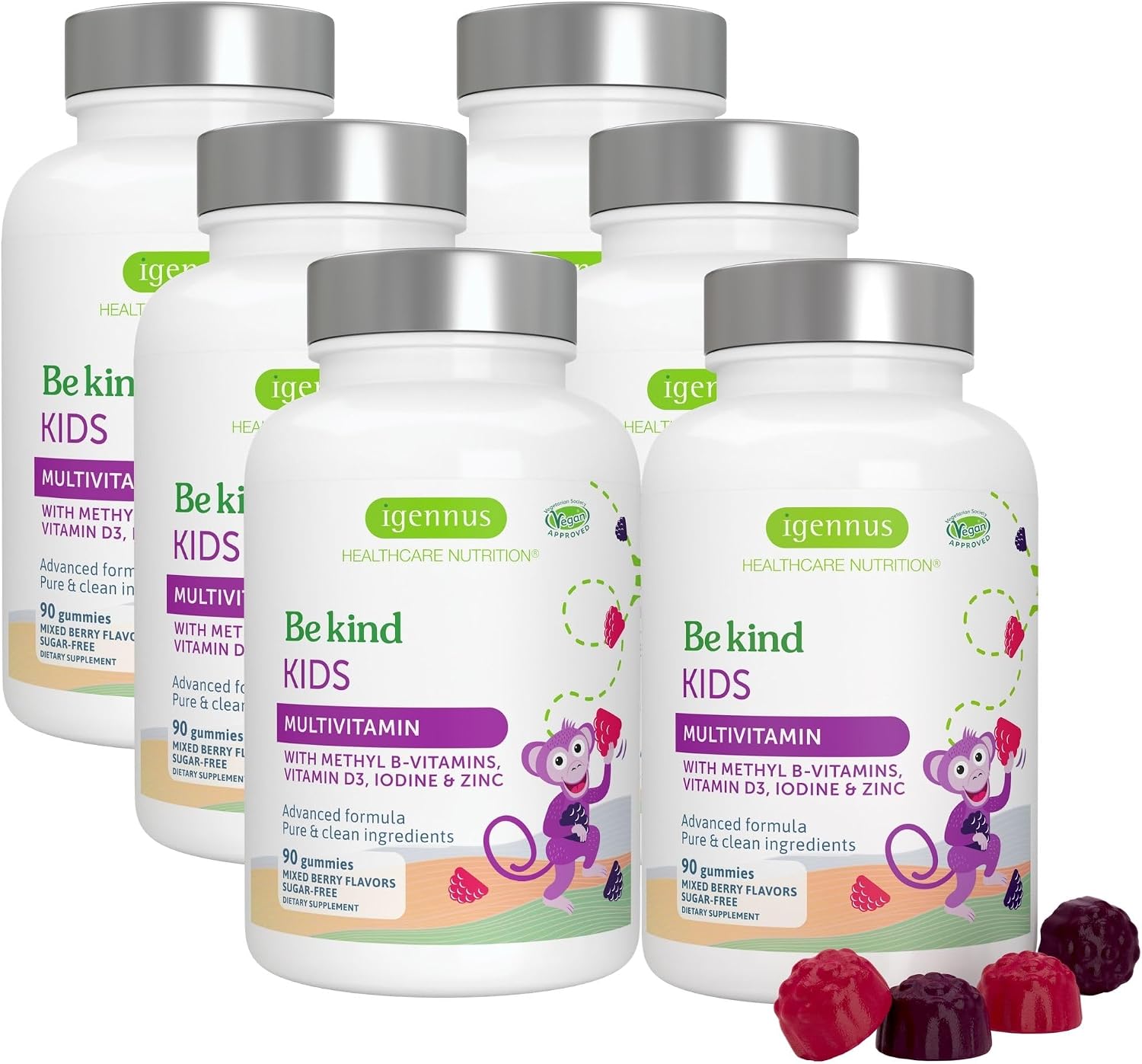 Igennus Methylated Kids Multivitamin Gummies - 6 x 90 Gominolas (540 unidades) - Multivitamínico Infantil Metilado, Sin Azúcar, Sabor a Bayas Natural, No-GMO, Halal