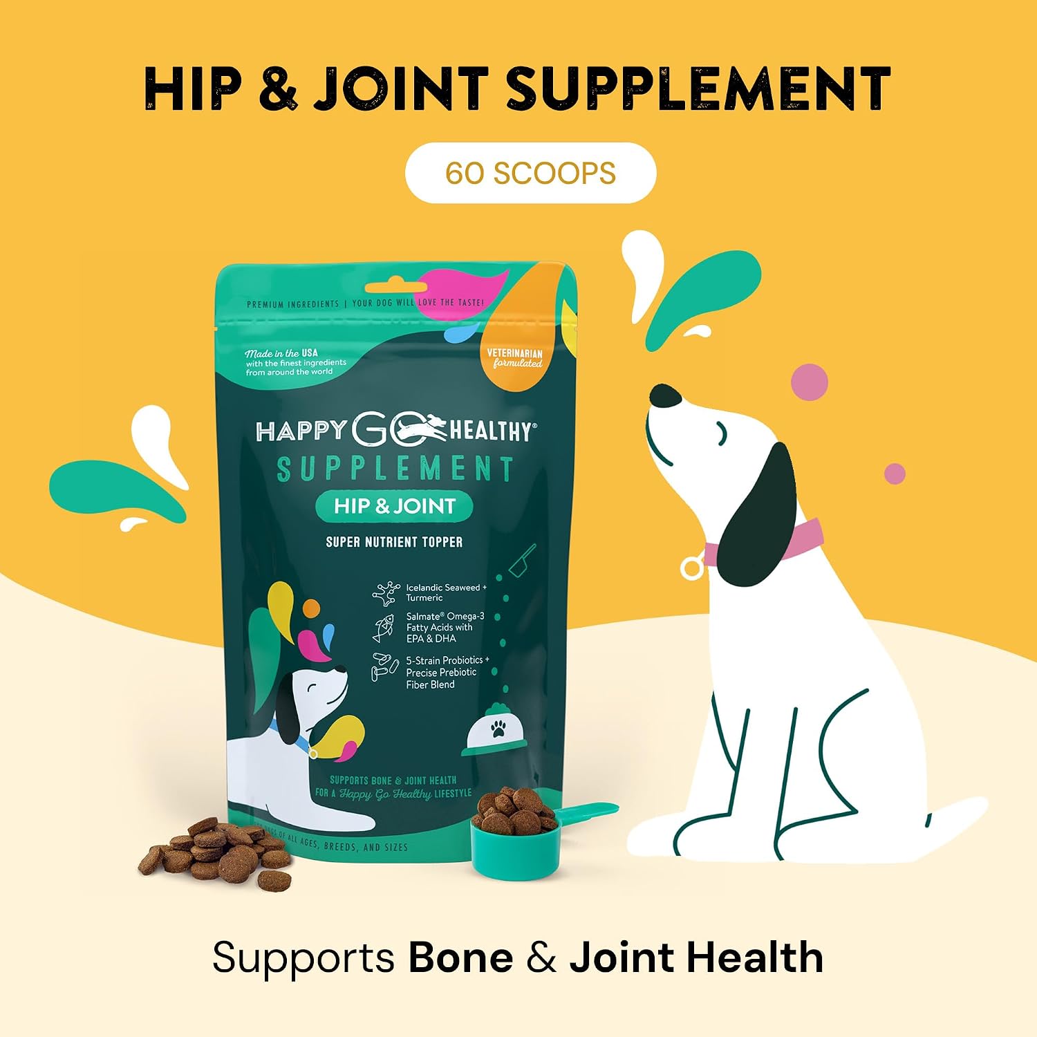 Suplemento para Articulaciones y Cadera para Perros | Happy Go Healthy | Apoya la Salud Articular y Movilidad | Ingredientes Naturales, Cobertura de Comida | 60 unidades