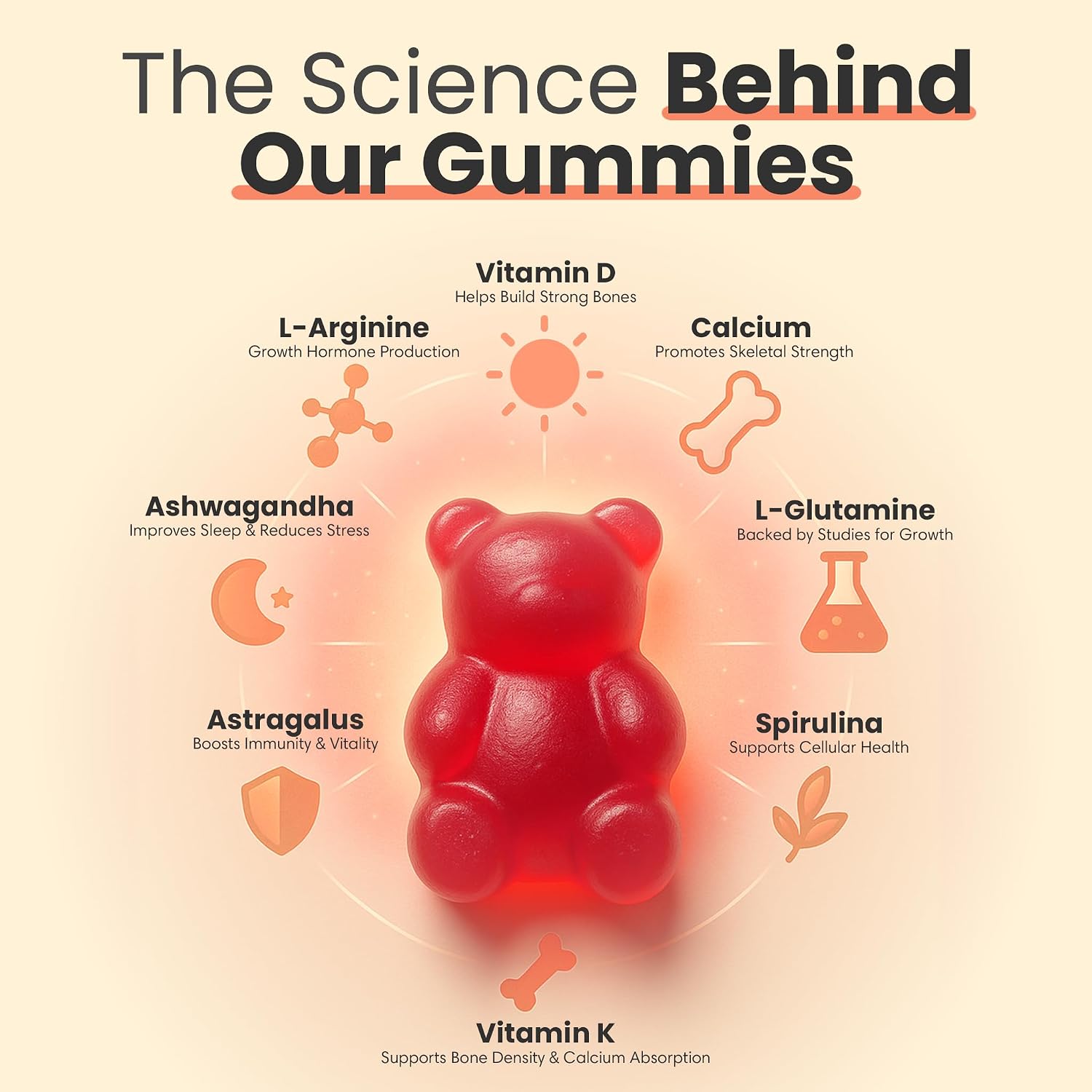 Growth Gummies - Natural Height Support & Bone Strength Supplement for Kids & Teens with Vitamin D, Calcium, Ashwagandha, L-Arginine - 60 Gummies