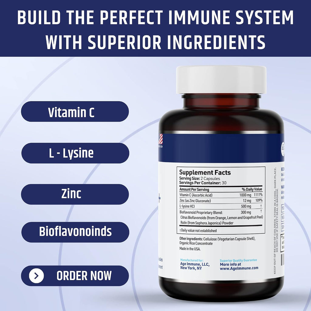 AgeImmune Complejo de Vitamina C 1000 mg con L-Lisina 500 mg, Zinc 12 mg y Bioflavonoides 300 mg - 2 Botellas