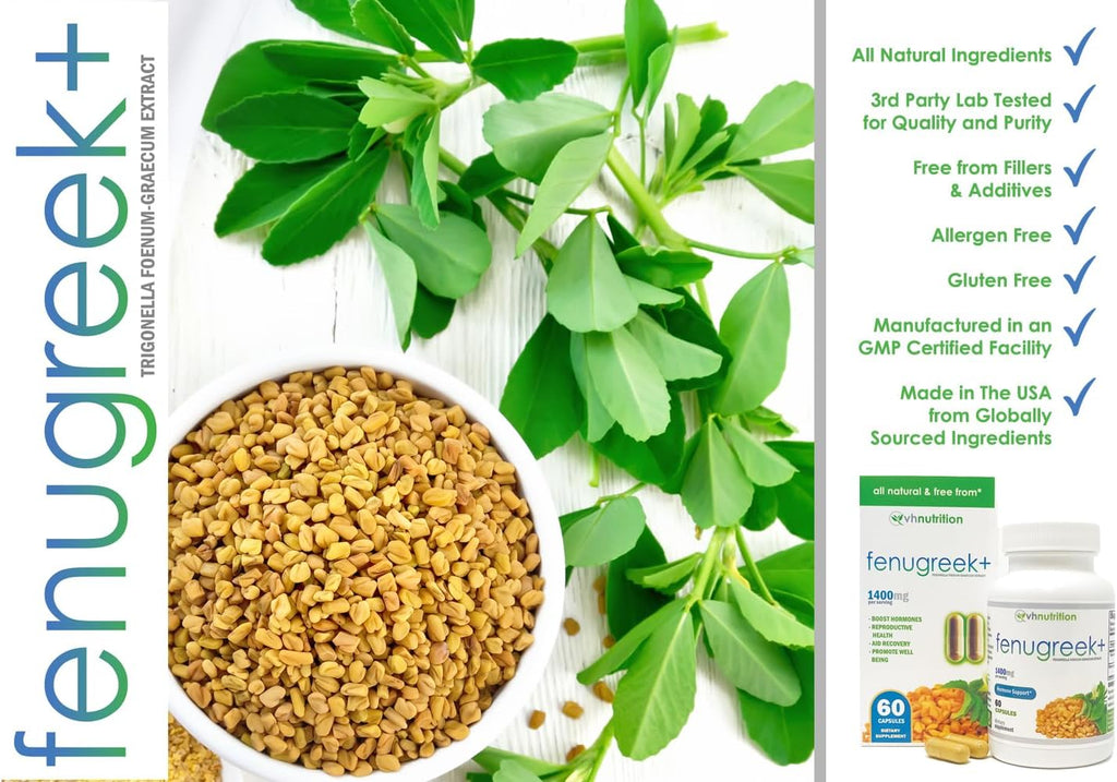 Fenugreek+ 1400mg Extra Strength - 60 Cápsulas de Fenogreco para Equilibrio Hormonal y Energía
