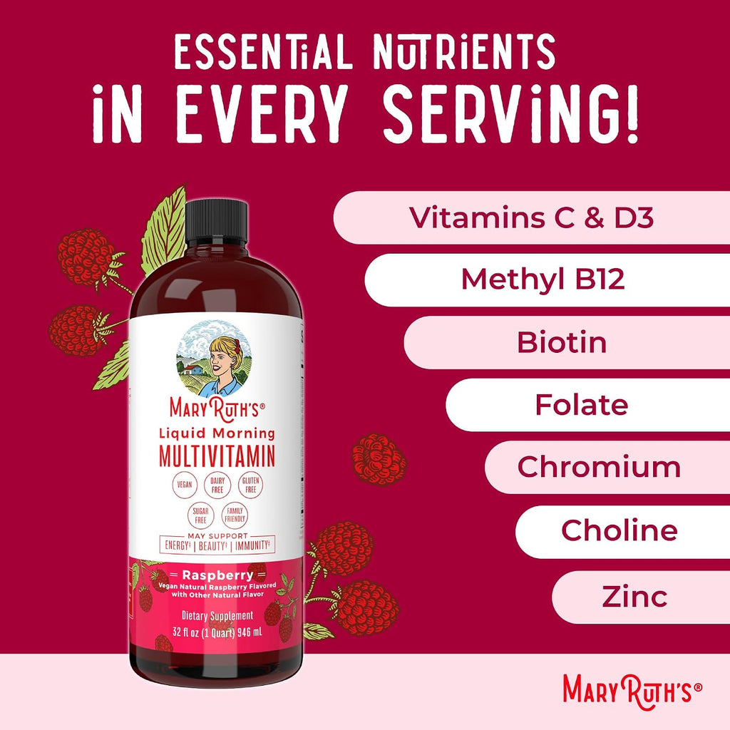 MaryRuth's Multivitamínico Líquido Matutino para Mujeres, Hombres y Niños - Vitaminas A, C, D, E, B6, B12, Biotina, Zinc - Vegano - Sin Gluten - 32 Porciones