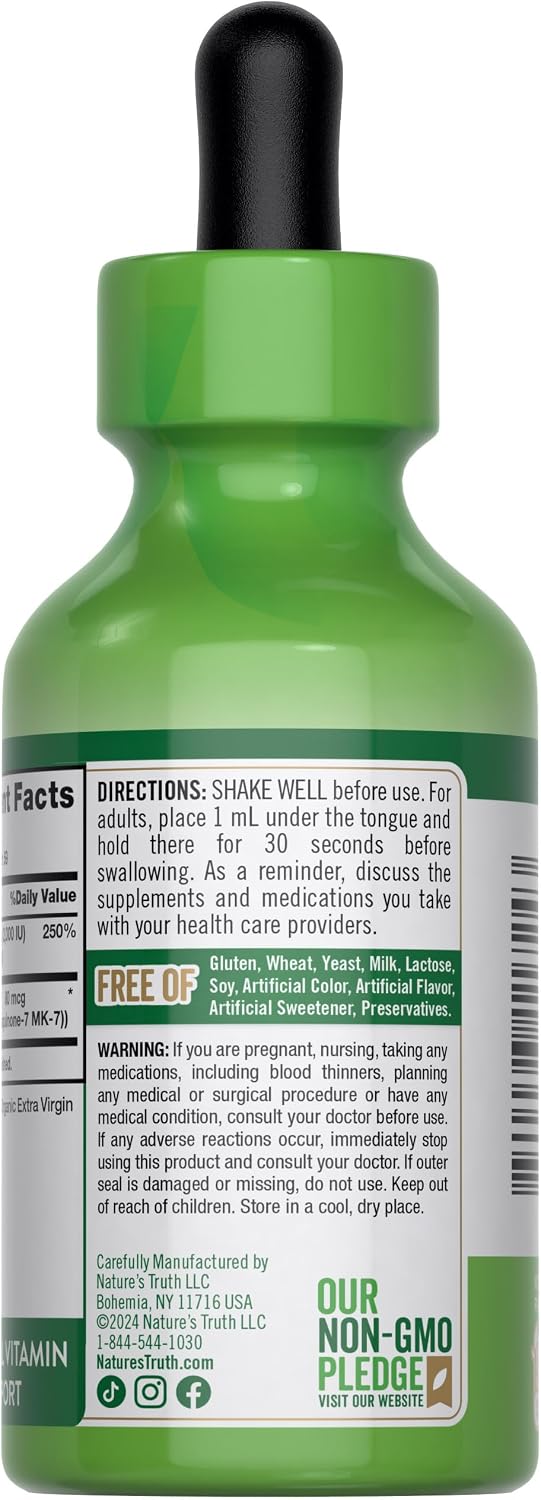 Nature's Truth Vitamina D3 + K2 Gotas Líquidas con MK-7 | 2 Fl Oz | Suplemento Vegetariano, No-GMO y Sin Gluten
