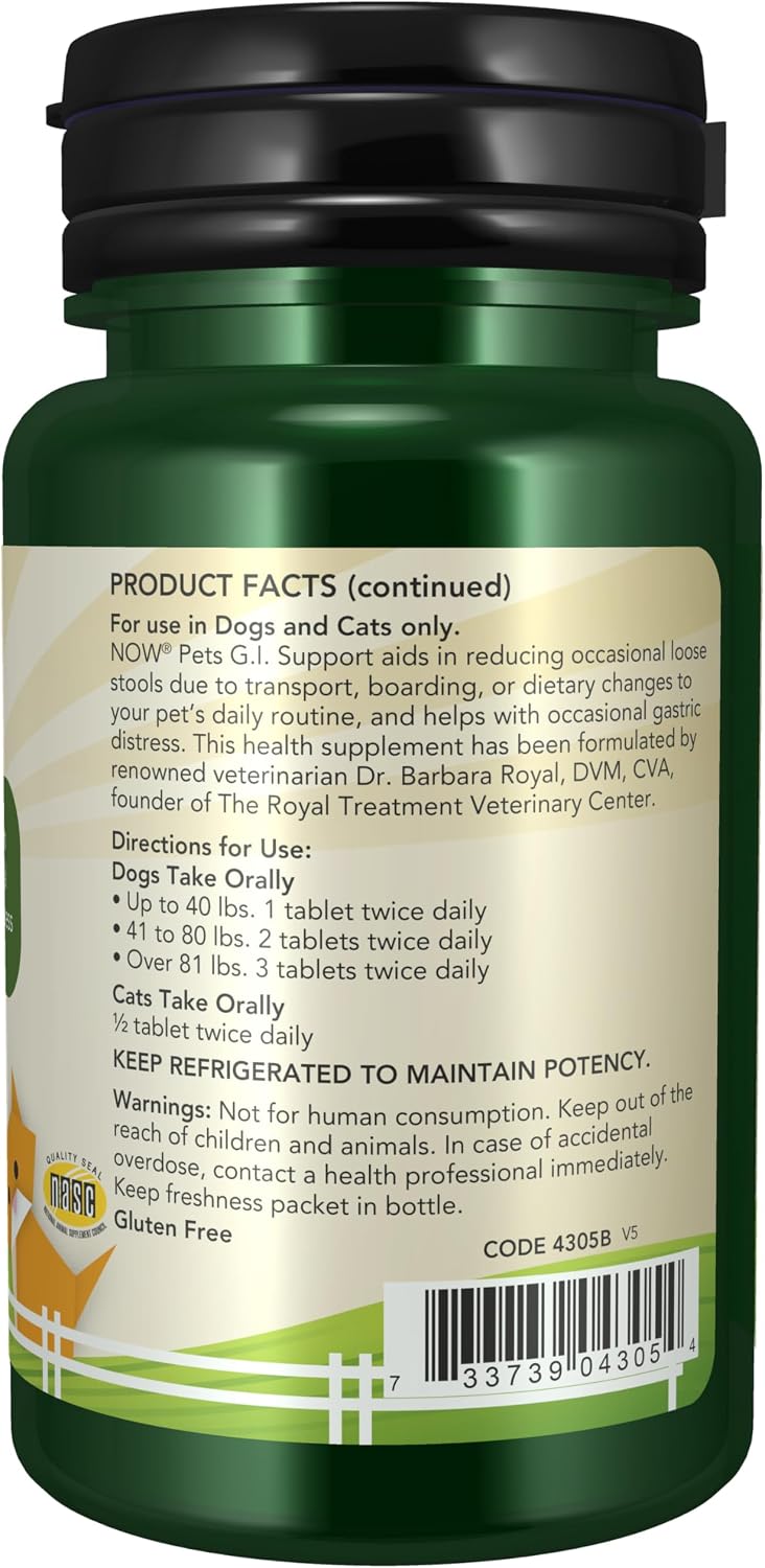 NOW Pet Health GI Support - Suplemento Digestivo para Perros y Gatos - 90 Comprimidos Masticables