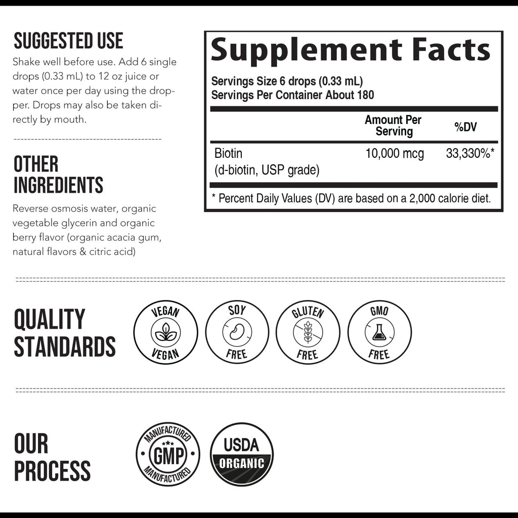Biotina Líquida 10.000 mcg – Gotas Sublinguales – Sabor Natural a Bayas – 180 Servicios (59 ml)