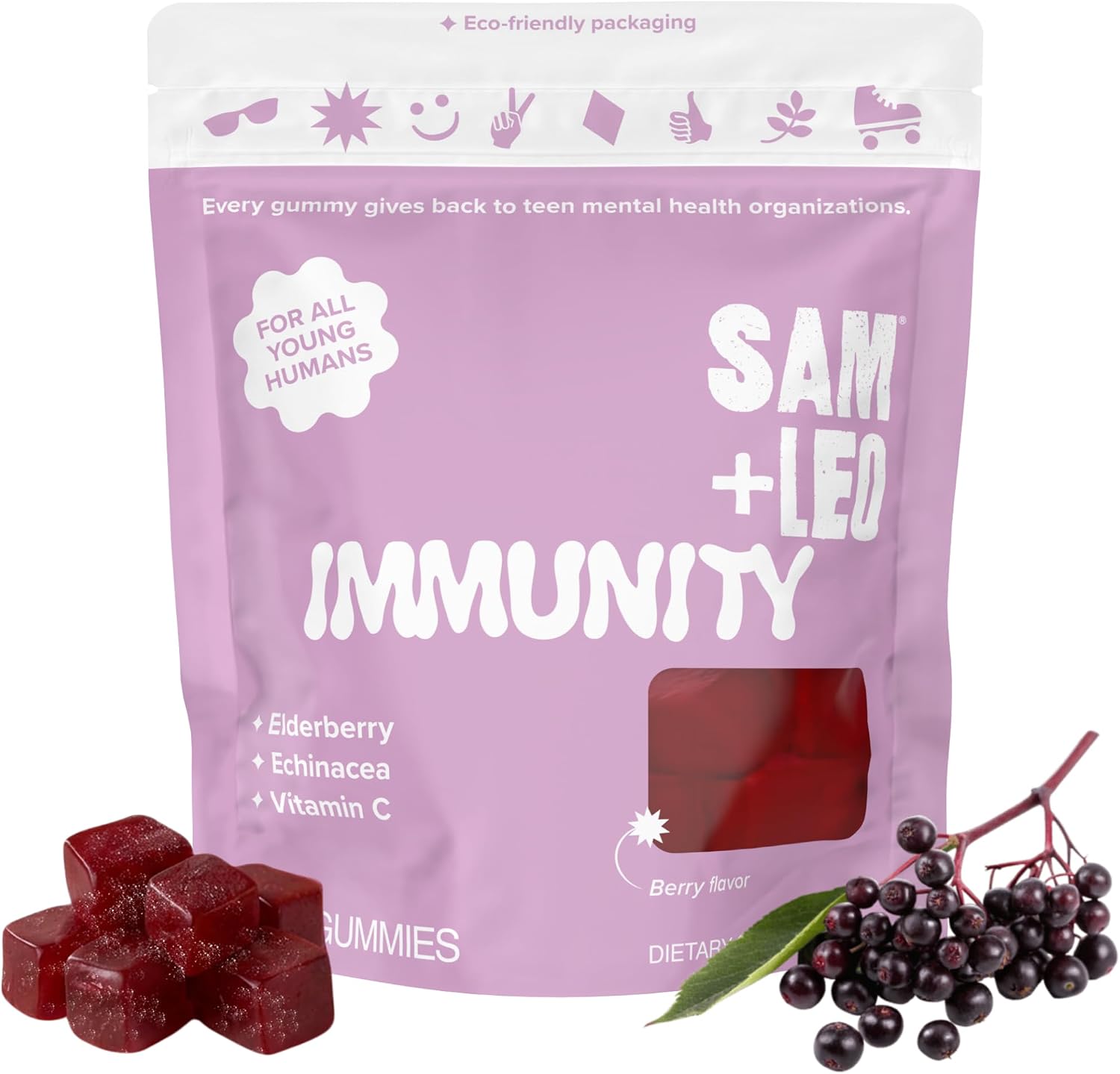 SAM+LEO Gominolas de defensas para niños y adolescentes – Saúco, equinácea, zinc y vitamina C – Sabor a bayas (60 unidades)