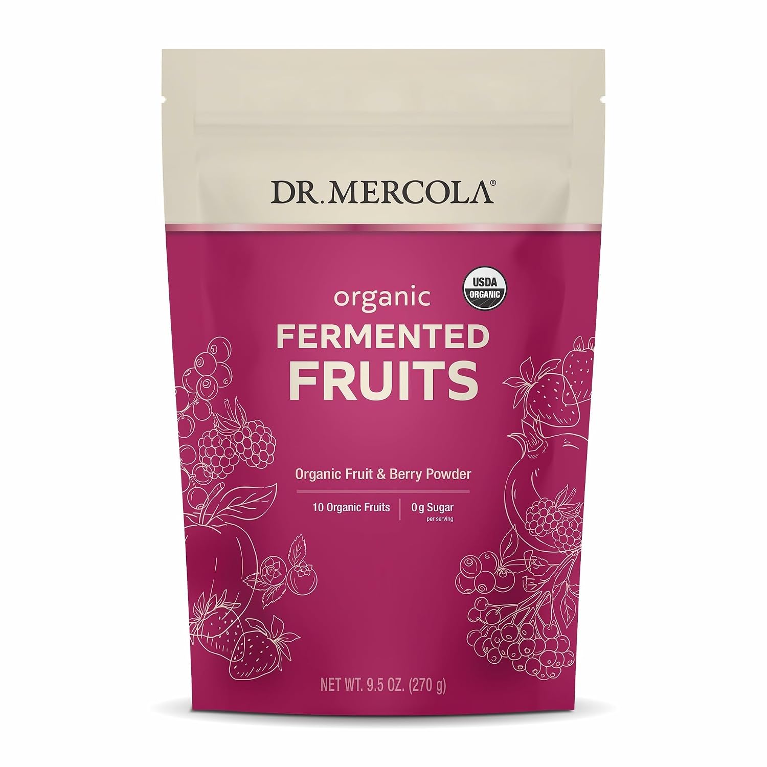 Dr. Mercola Organic Fermented Fruits - Apoya la Salud Digestiva y Celular - Certificado Orgánico - No Transgénico - Sin Soja - Sin Gluten - 9.5 oz (270 g) - 90 Servicios