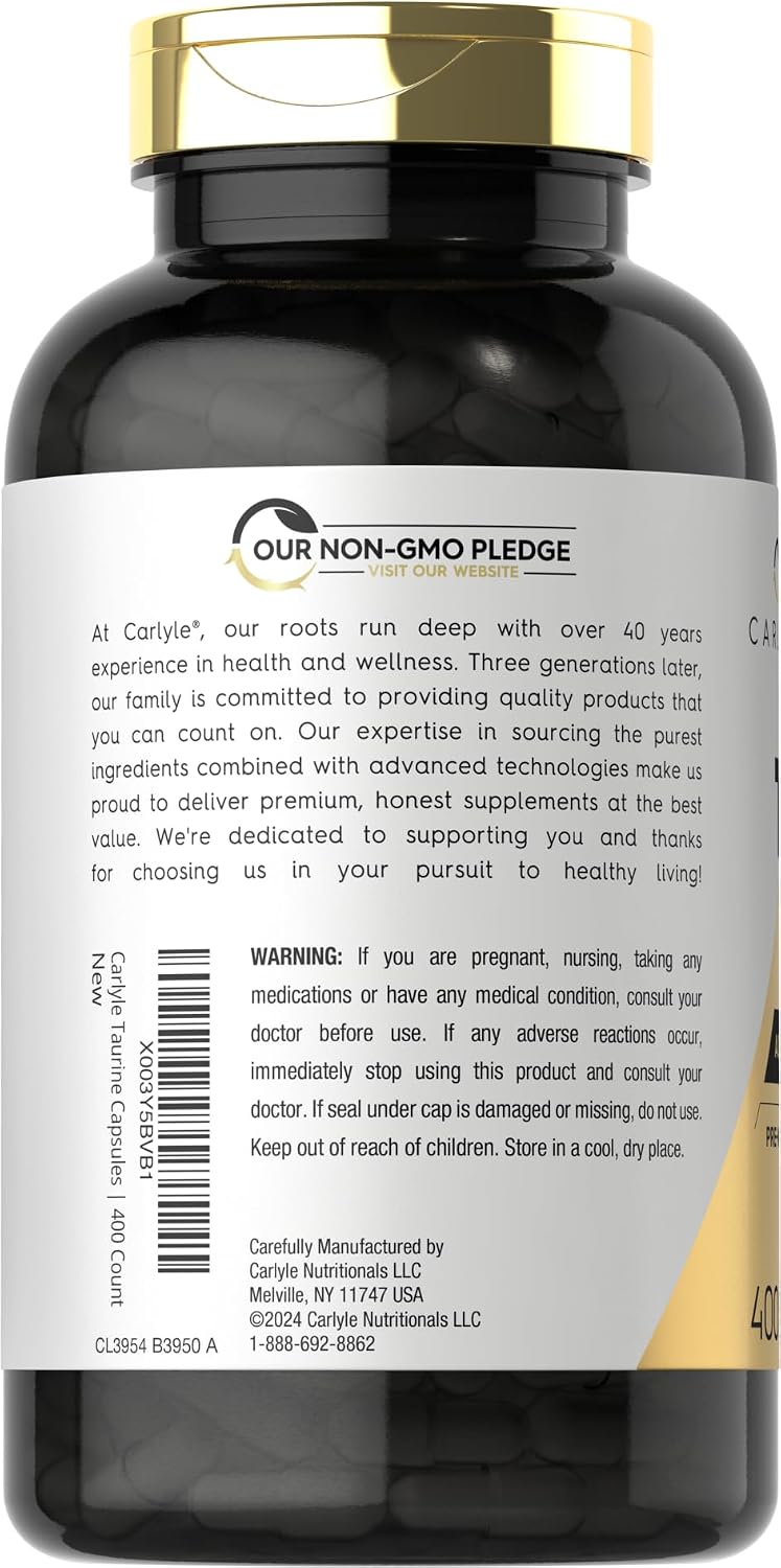 Carlyle Taurina 1000 mg - 400 Cápsulas - Aminoácido Esencial - Alta Potencia - Sin Gluten