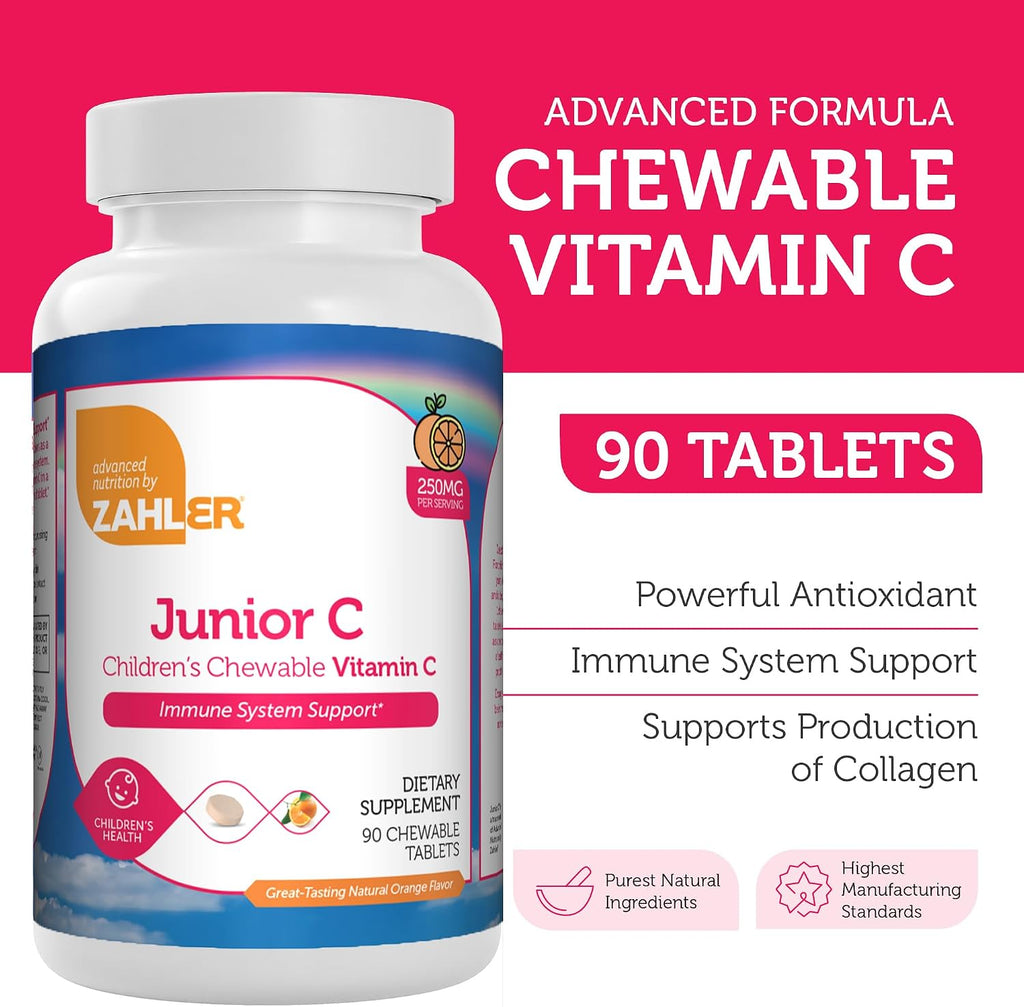 Zahler Junior C - Vitamina C Masticable Avanzada para Niños - Sabor Naranja Delicioso - 90 Comprimidos