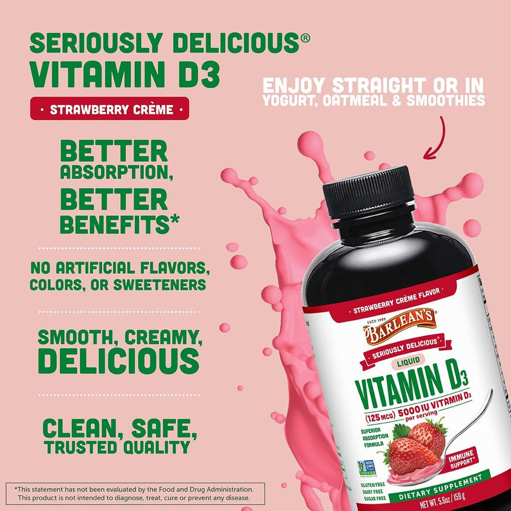 Barlean's Vitamina D3 Líquida 5000 UI Sabor Batido de Fresa, Pack de 2