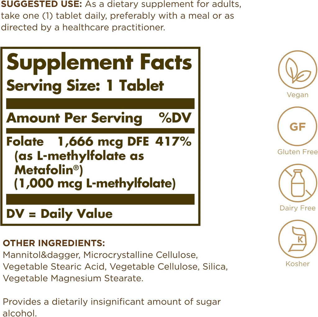 Solgar Folato 1000 mcg - 120 Comprimidos - Metafolin Bioactivo - Vegano, Sin Gluten, Sin Lácteos, Kosher - 120 Dosis
