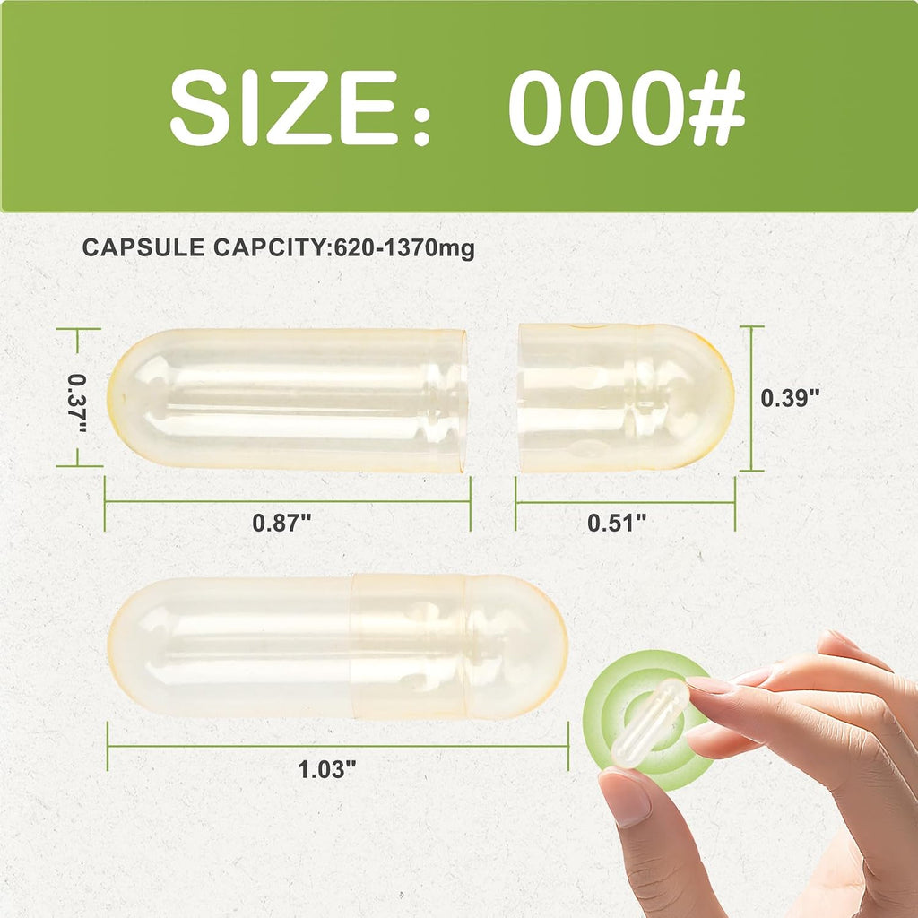 Cápsulas Vegetarianas Vacías Tamaño 000, (1000 Unidades) Veganas Transparentes Rellenables para Suplementos Caseros