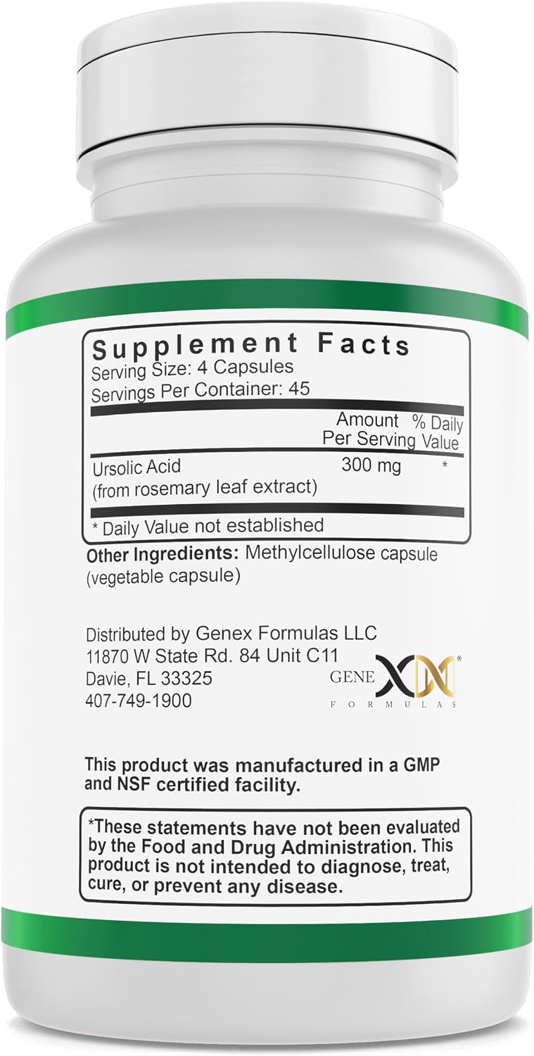 Genex Formulas Ácido Ursólico 300mg (540 Cápsulas) – Extracto de Romero, No-GMO, Sin Gluten, Vegano