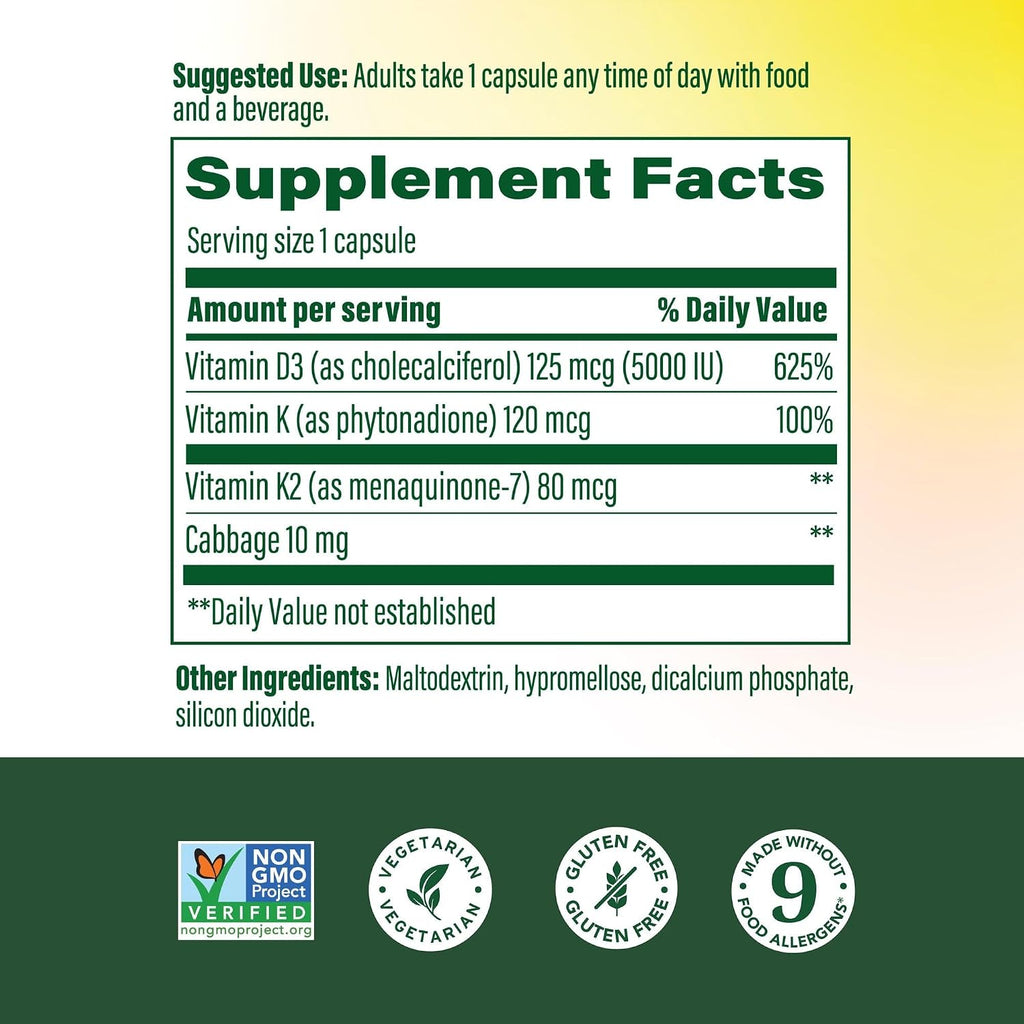 MegaFood Vitamina D3 5000 IU (125 mcg) con Vitamina K2 - 120 Cápsulas Vegetarianas