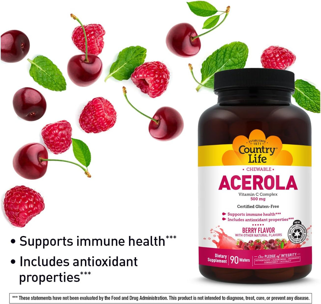 Country Life Acerola Vitamin C Complex 500mg, Obleas Masticables Sabor Baya con Bioflavonoides Cítricos y Escaramujo - 90 Obleas