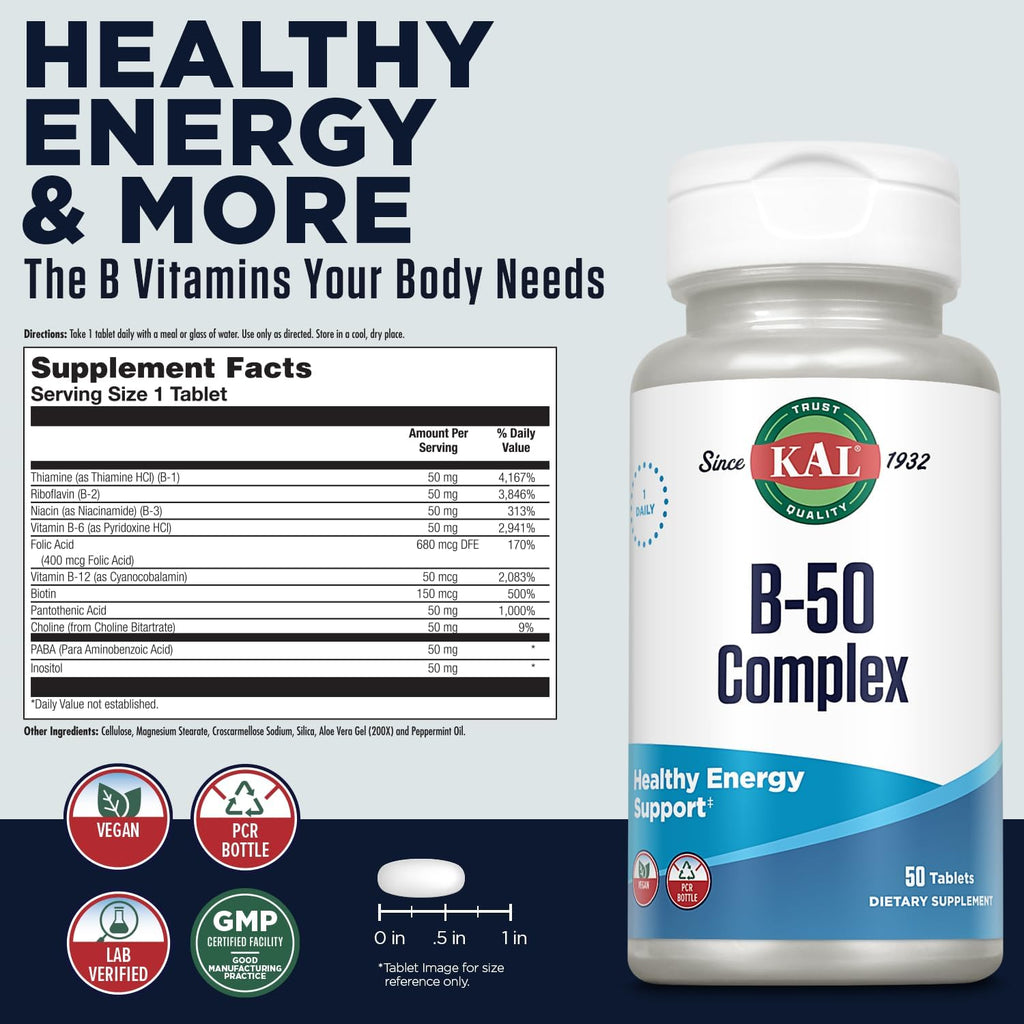 KAL B 50 Complex, Complejo B con Vitamina B12, B6 y Ácido Fólico, 50 Comprimidos