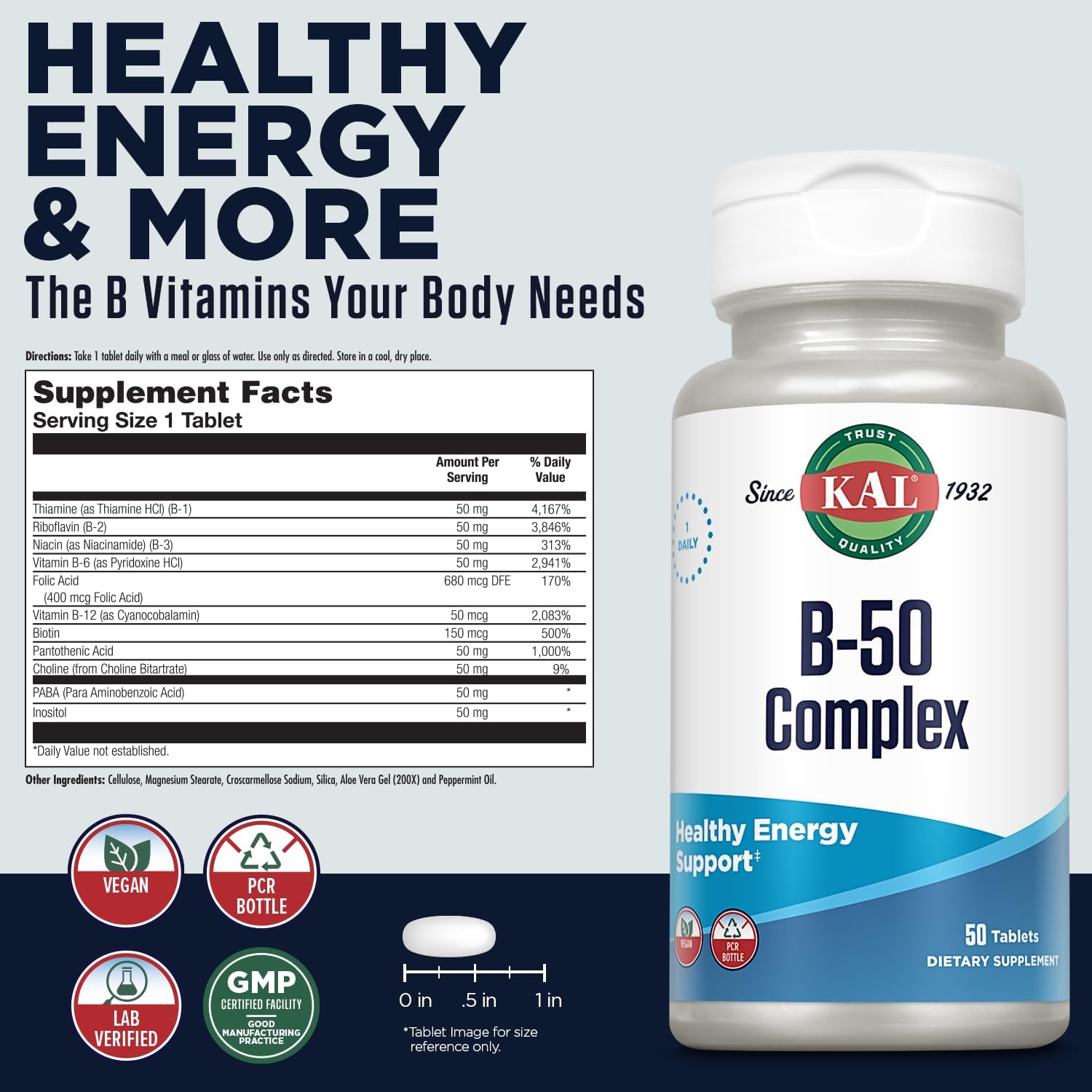 KAL B 50 Complex, Complejo B con Vitamina B12, B6 y Ácido Fólico, 50 Comprimidos
