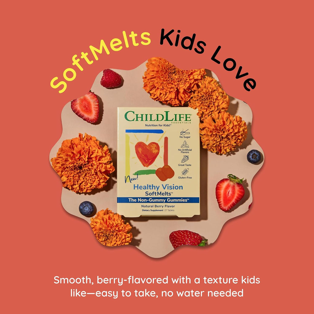 CHILDLIFE ESSENTIALS Healthy Vision SoftMelts - Gomitas de luteína y zeaxantina para la salud ocular infantil, Sabor a bayas, 27 unidades