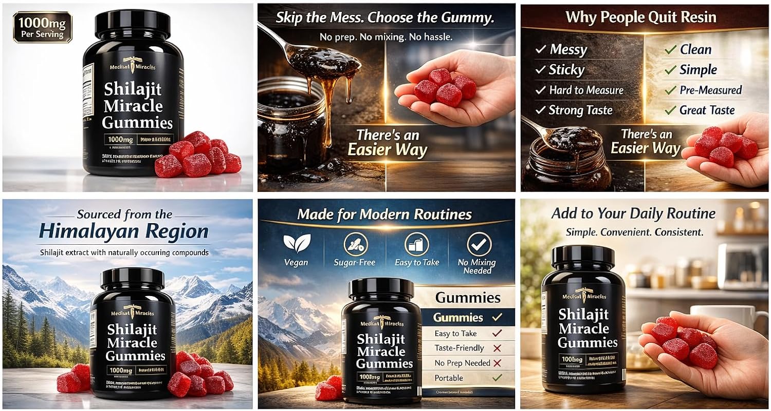 Medical Miracles Shilajit Gominolas de Energía Sin Azúcar 1000mg, Complejo Mineral Himalaya con Ácido Fúlvico, Suplemento Vegano Sabor Frambuesa y Sandía, 60 Unidades