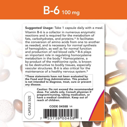 NOW Foods Vitamina B-6 100mg, 250 Cápsulas – Contribuye a la formación normal de glóbulos rojos. – Image 3