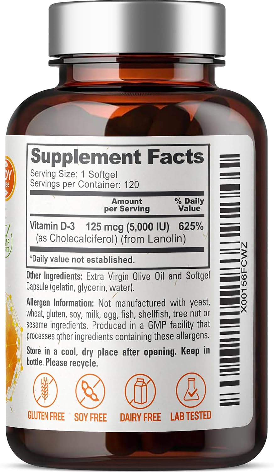 Vitamina D3 5000 UI – 120 Cápsulas – Colecalciferol en Aceite de Oliva