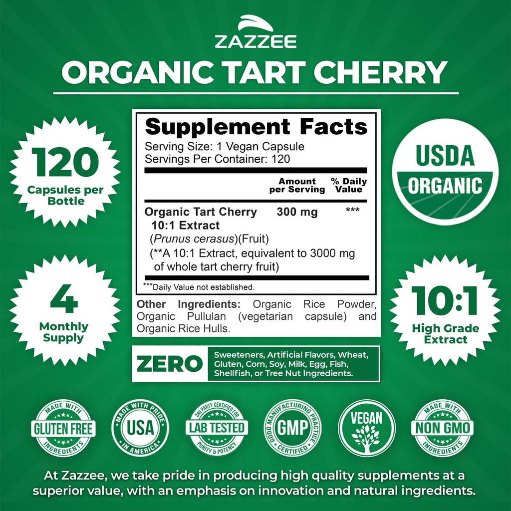 Zazzee Extracto Orgánico de Cereza Ácida 10:1 - 120 Cápsulas Veganas (4 Meses de Suministro)