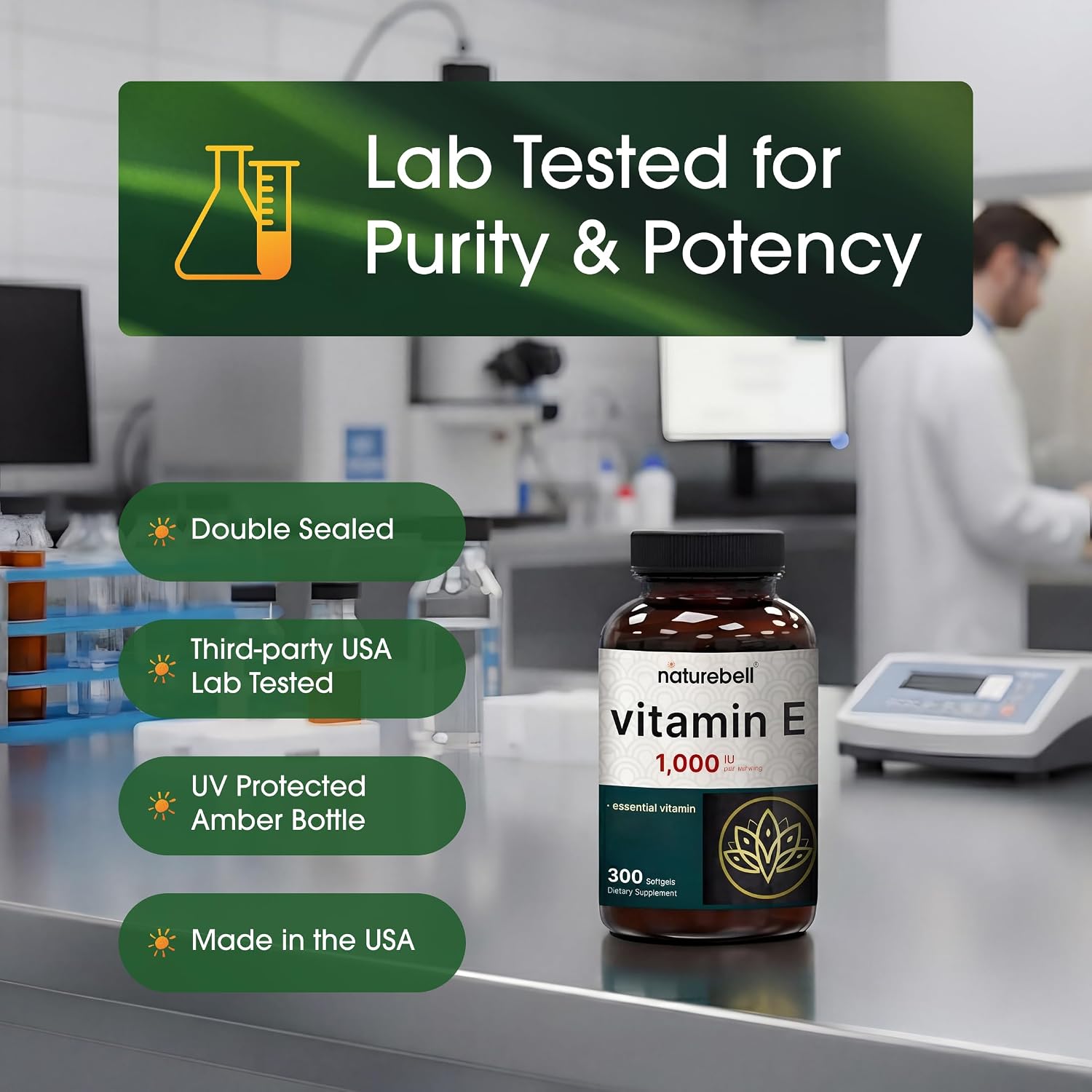 NatureBell Vitamina E 1.000 UI por dosis - 300 cápsulas blandas (suministro para 5 meses) - Complemento antioxidante probado por terceros para el cuidado de la piel, el corazón y la salud cerebral* - Alta potencia* - Sin gluten y no transgénico