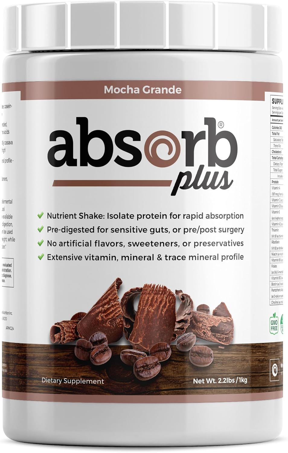 Absorb Plus Isolate Protein - Suplemento Proteico para la Salud Digestiva, Sabor Mocha Grande (1 kg)